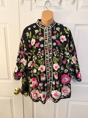 Vintage Caro of Honolulu Womens Embroidered Floral Jacket Top Size 16